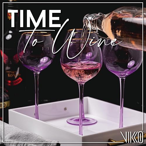 Miniatura 3 de Vikko Copas de vino lila, 17 onzas, tallo, borde dorado, juego de 2, vino tinto y blanco