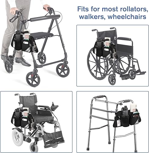 Miniatura 5 de FINPAC Bolsa de almacenamiento lateral con soporte para tazas para caminantes bariátricos, sillas de ruedas, organizador de accesorios para rodillos