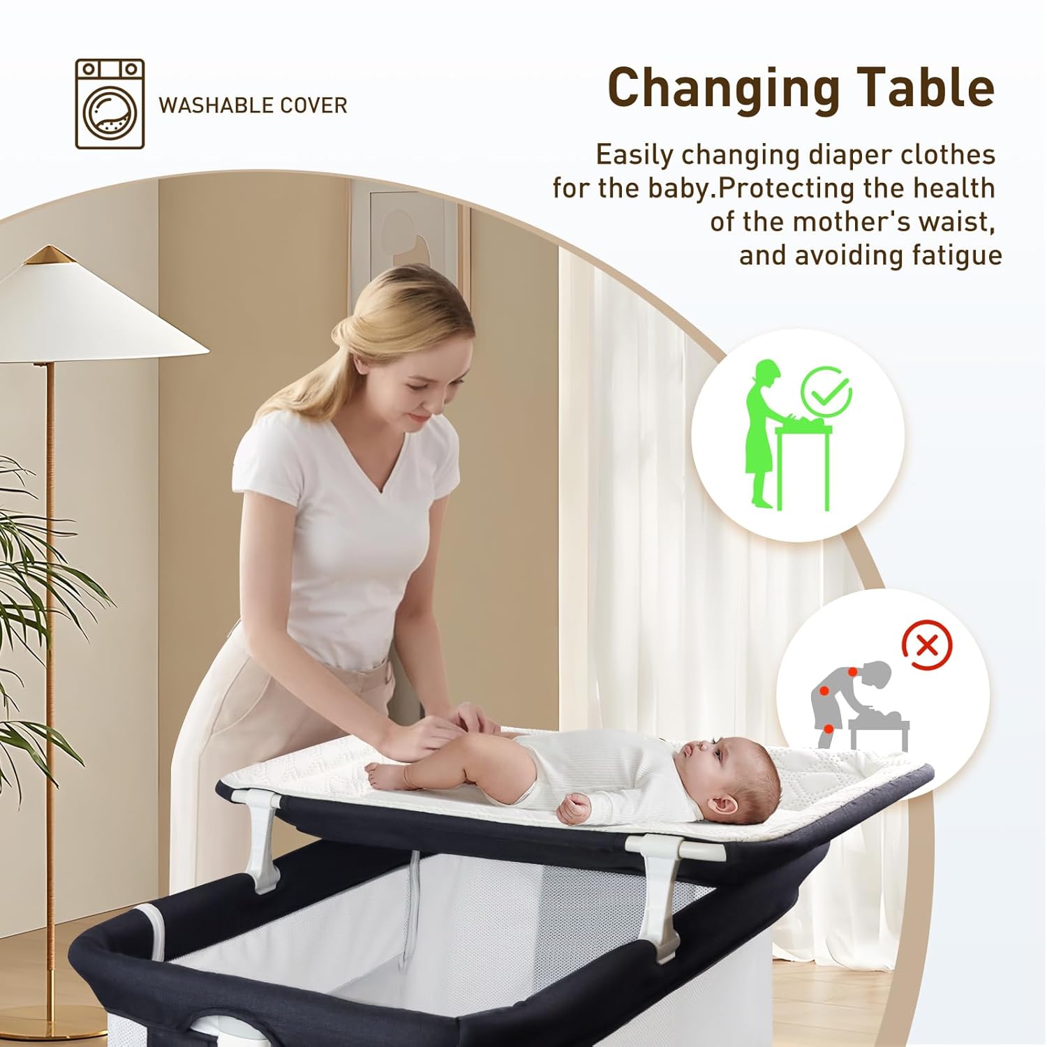 Uuoeebb 4-in-1 Bedside Bassinet in standalone crib mode, with mesh sides and a sturdy frame.