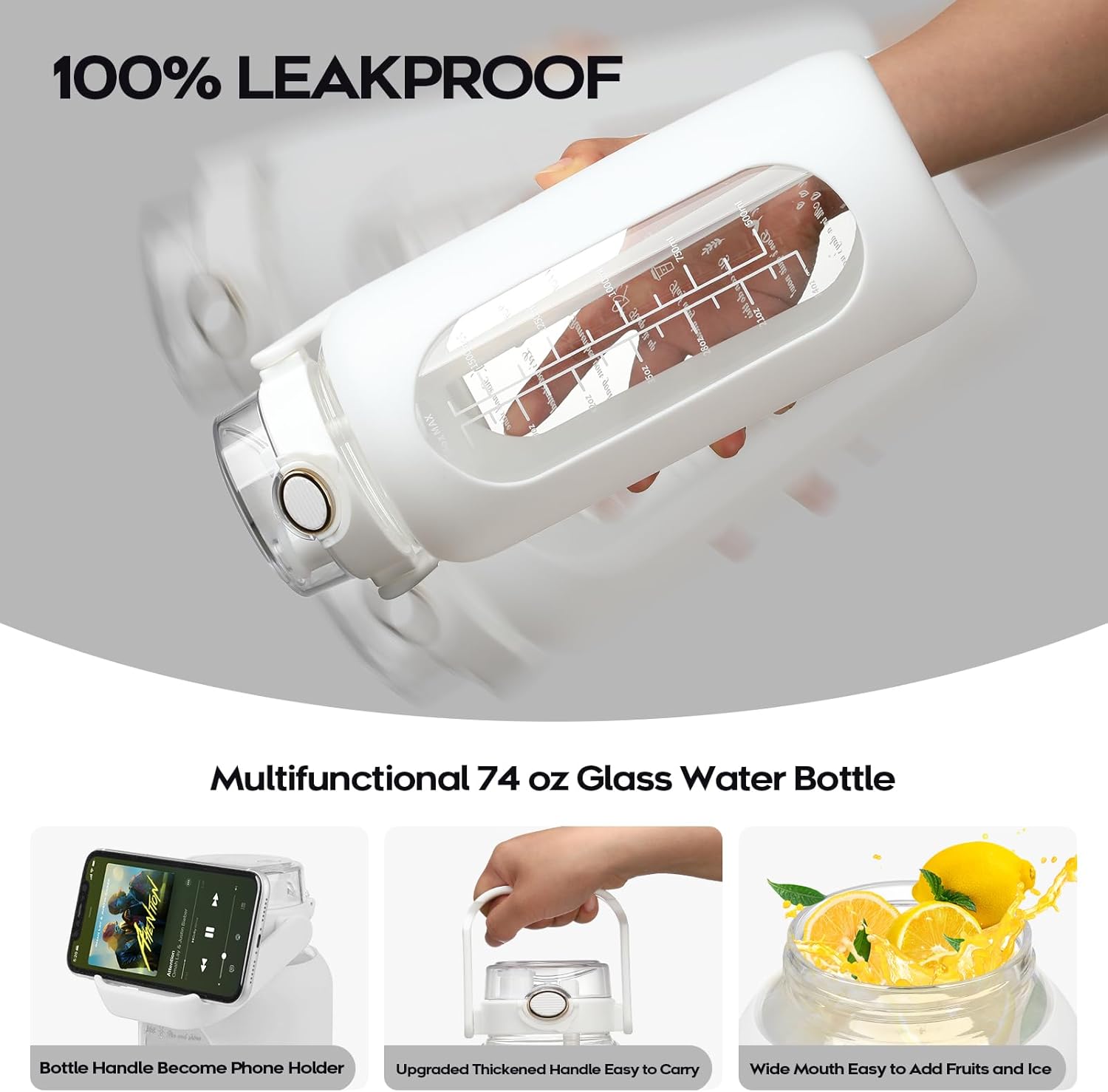 74 oz Glass Water Bolttles with Straw Large Motivational Water Bottle with Time Marker Sports Water Bottles with Silicone Sleeve and Handle Lid 2.2L Water Jug for Gym Workout - Image 3