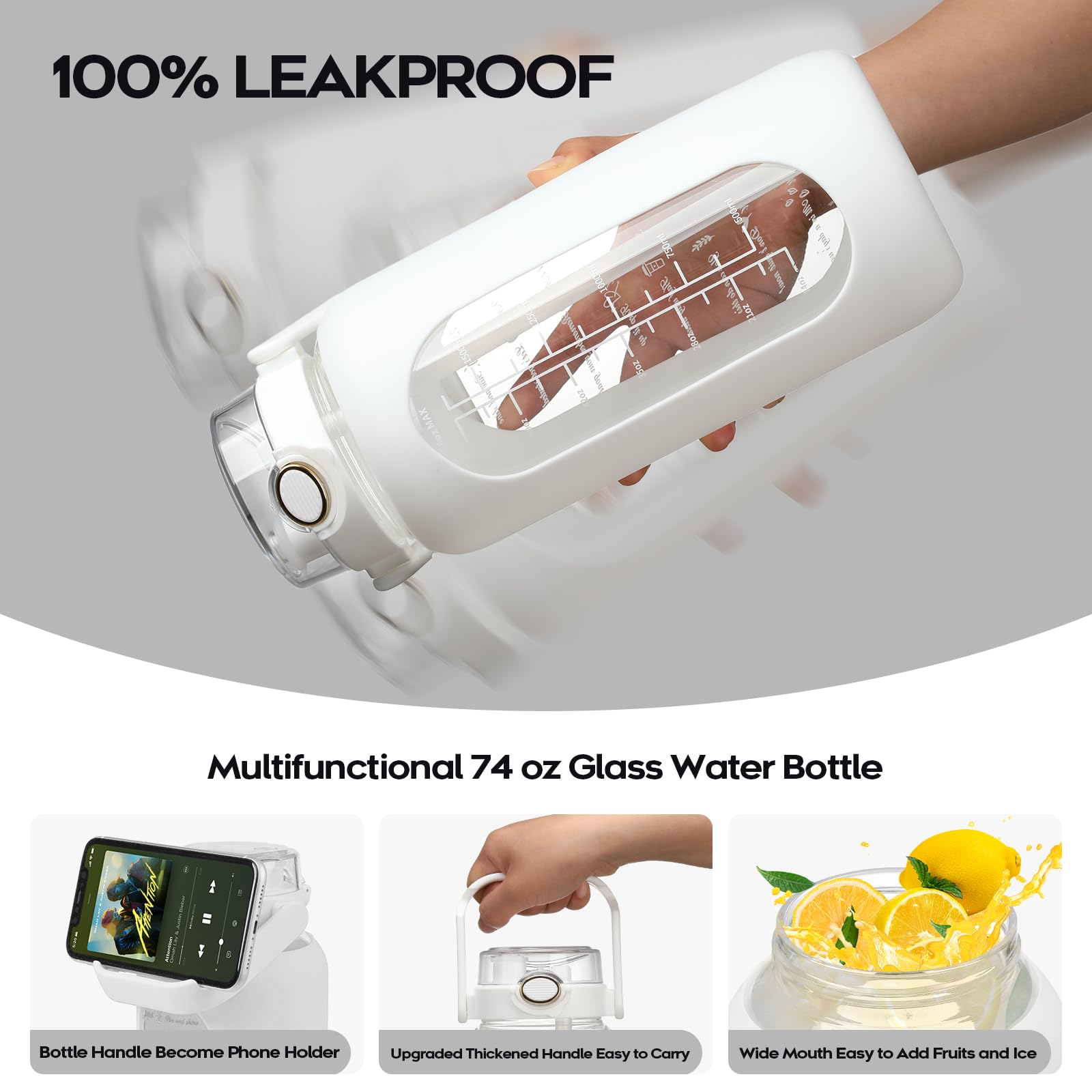 chunmo Grande bouteille d'eau de motivation en verre avec marqueur de temps avec manchon en silicone et couvercle à poignée - 2,2 l - Pour le sport