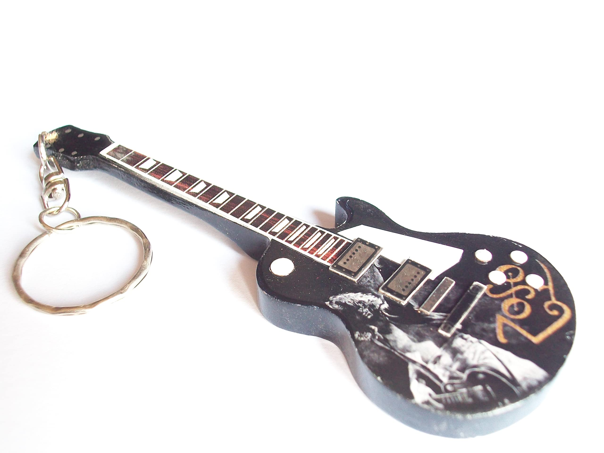 Music Legend Collection Unisex Black Wooden Guitar Keyring With Jimmy Page Playing Guitar And Zoso Symbol, One Size