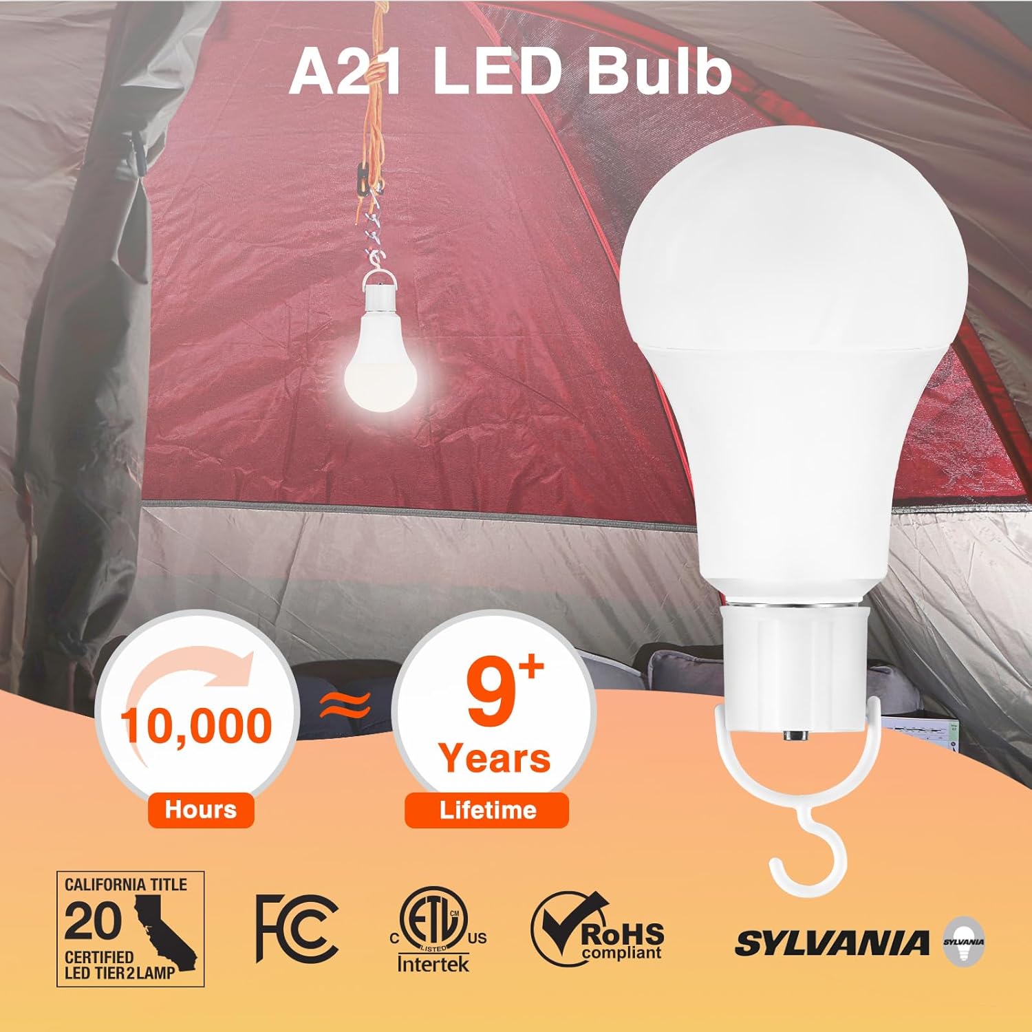 SYLVANIA LED Rechargeable Light Bulbs, A21 Battery Operated Light Bulb, 60W = 7.3W, Indoor/Outdoor Emergency Light Bulbs, 800 LMS, 3000K, Soft White, Hanging Accessories Included - 4 Pack (42687)