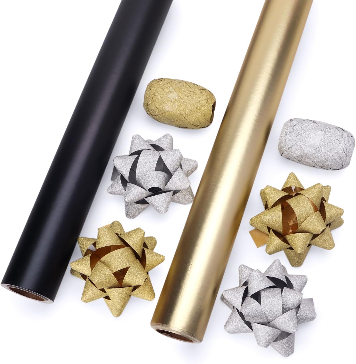 Ribbli Graduation Wrapping Paper Set, Birthday 2 Rolls Black and Gold Metallic Matte Solid Color Paper with Curling Ribbon and Gift Bow for Christmas Father's Day , Mini Roll 17 Inch x 197 Inch(16 Feet) Per roll