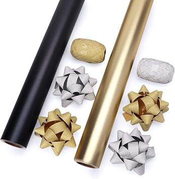 Ribbli Graduation Wrapping Paper Set, Birthday 2 Rolls Black and Gold Metallic Matte Solid Color Paper with Curling Ribbon and Gift Bow for Christmas Fathers Day , Mini Roll 17 Inch x 197 Inch16 Feet Per roll