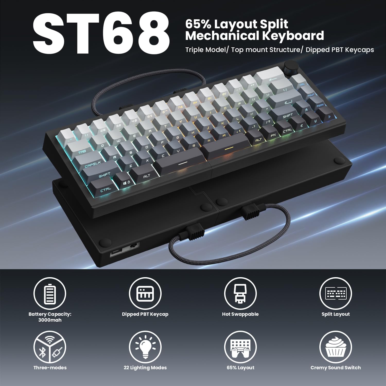 ZORNHER ST68 Tastiera Meccanica Ergonomica Spaccata Senza Fili 65% Bianco e Nero Personalizzata Tastiera TKL Cremosa con Manopola, Tasti PBT illuminati, Interruttori lineari pre-lubrificati, Hot-Swap
