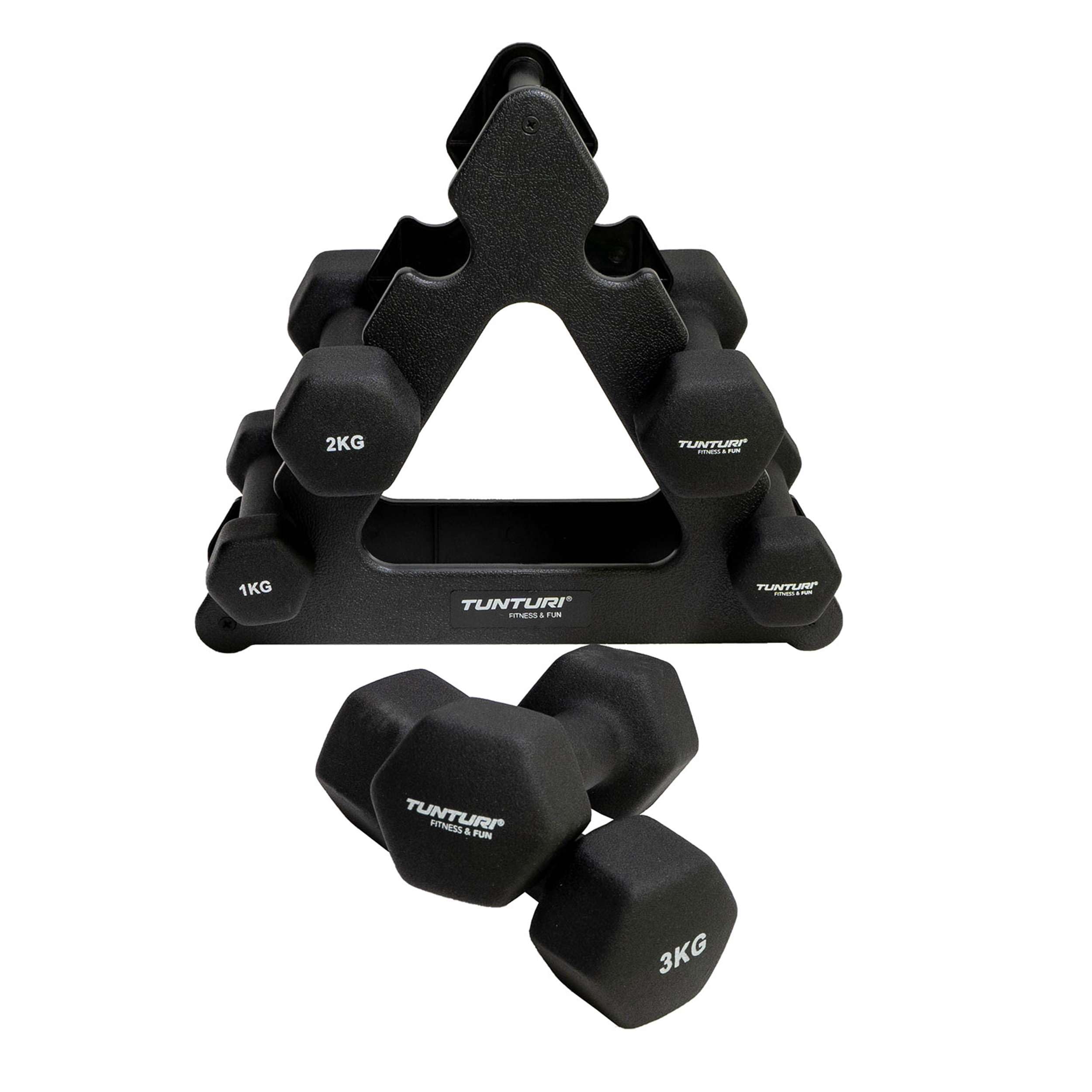 Tunturi 6er Set Kurzhanteln mit Rack, Hantelset mit je 2 x 1 kg, 2 kg, 3 kg, Kurzhantelset, Hanteln aus Gusseisen