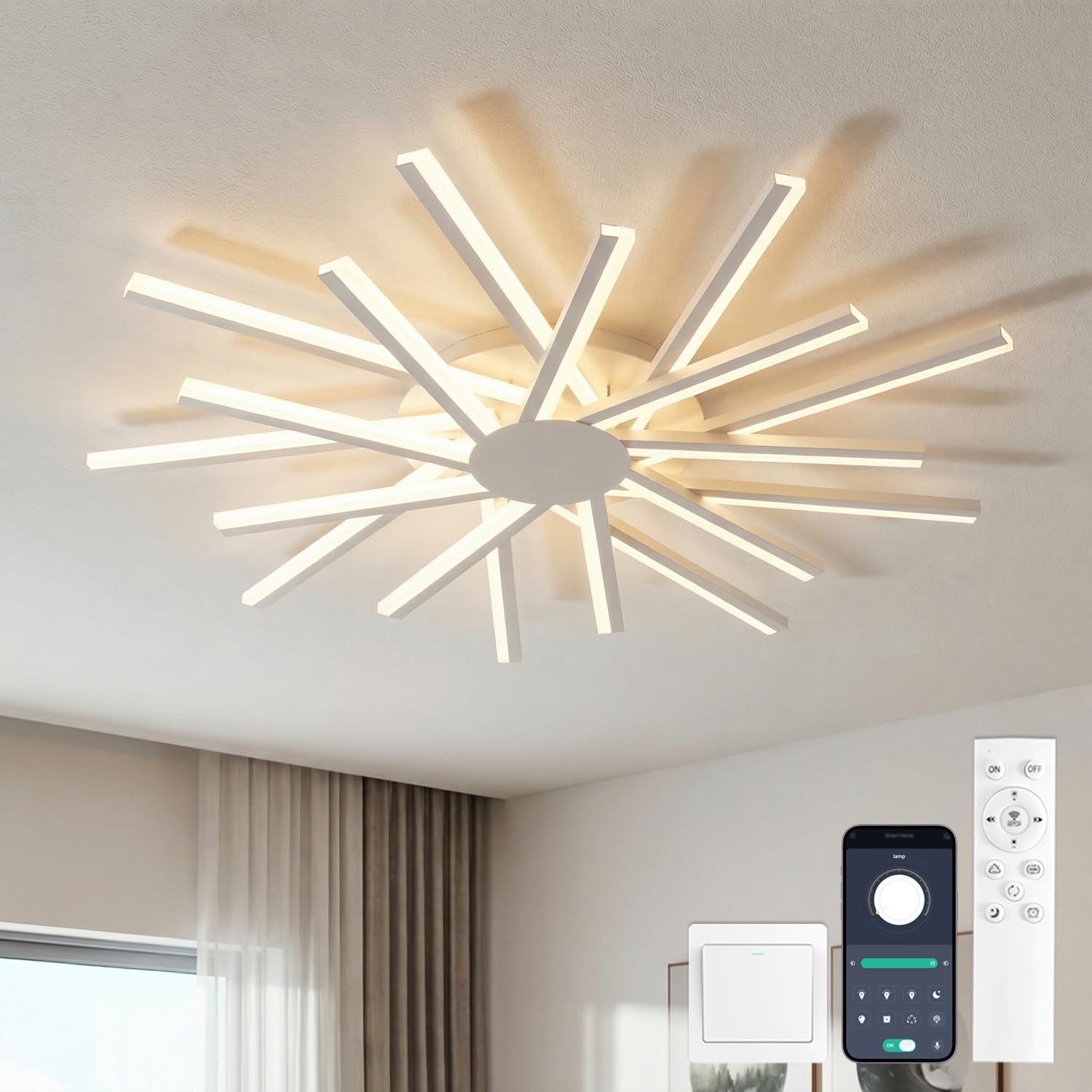 YOLEDY Φ96cm Ceiling Lights Living Room, Large Ceiling Lighting Modern, Led Light Fittings Ceiling with 18 Light, Dimmable, with Remote Control, Memory Function, White