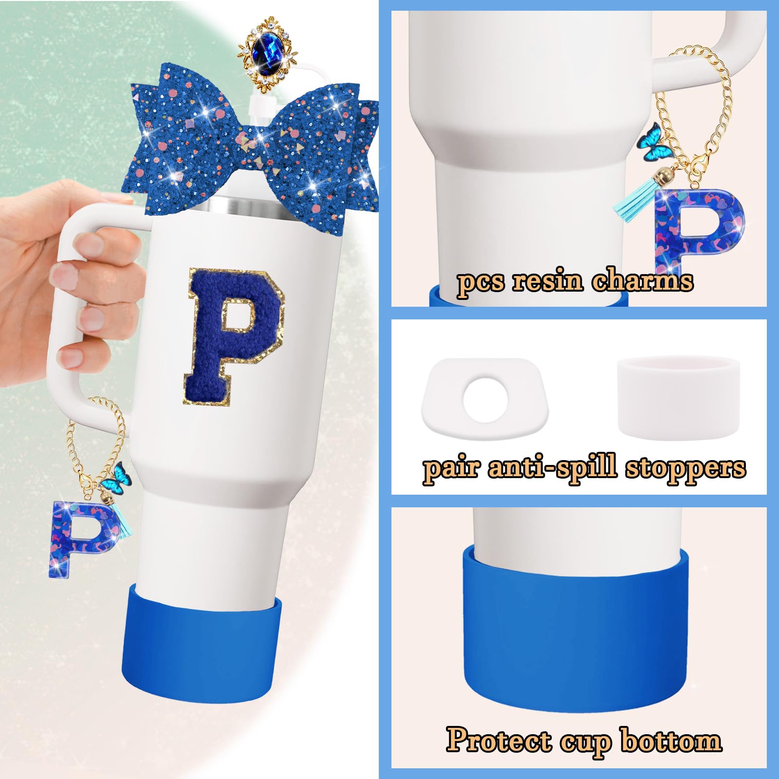 XIANGYUAN 8PCS Stanley Cup Accessories Set Including Straw Cover Cap, Cup Initials Charm,Sticker,Silicone Boot,Round and Square Spill Proof Stopper(Dark blue P)