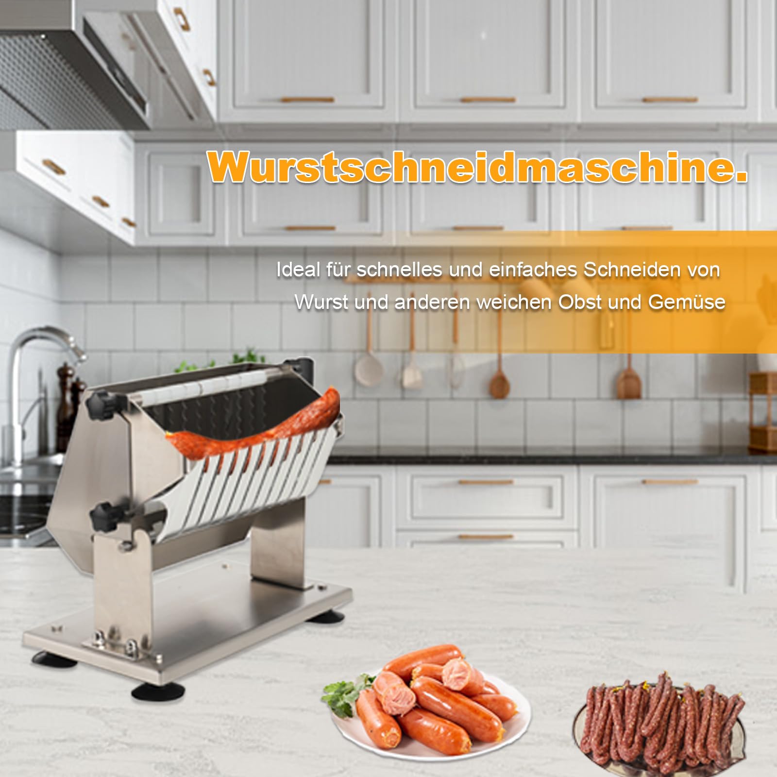 Edelstahl Currywurstschneider für 18 mm Scheiben,10 extra scharfe Messer mit Wellenschliff, Bratwurstschneider manuell für Imbiss, Gastro,Hand Curry Wurst Schneider, Wurstschneider