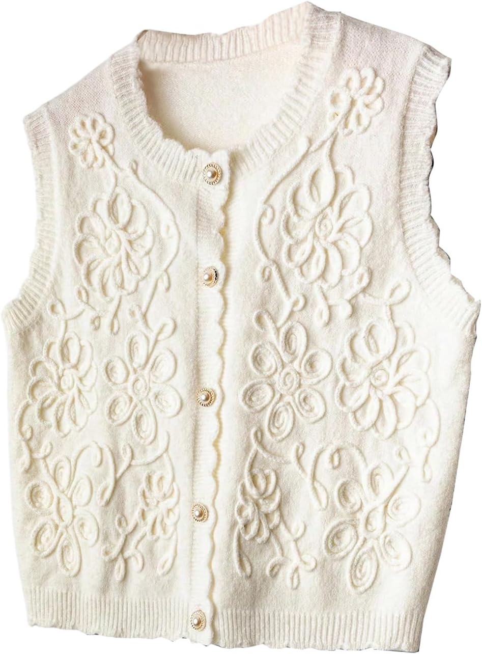SHENHE Women's Button Up Sweater Vest Floral Knit Crew Neck Sleeveless Dressy Cardigan Vest