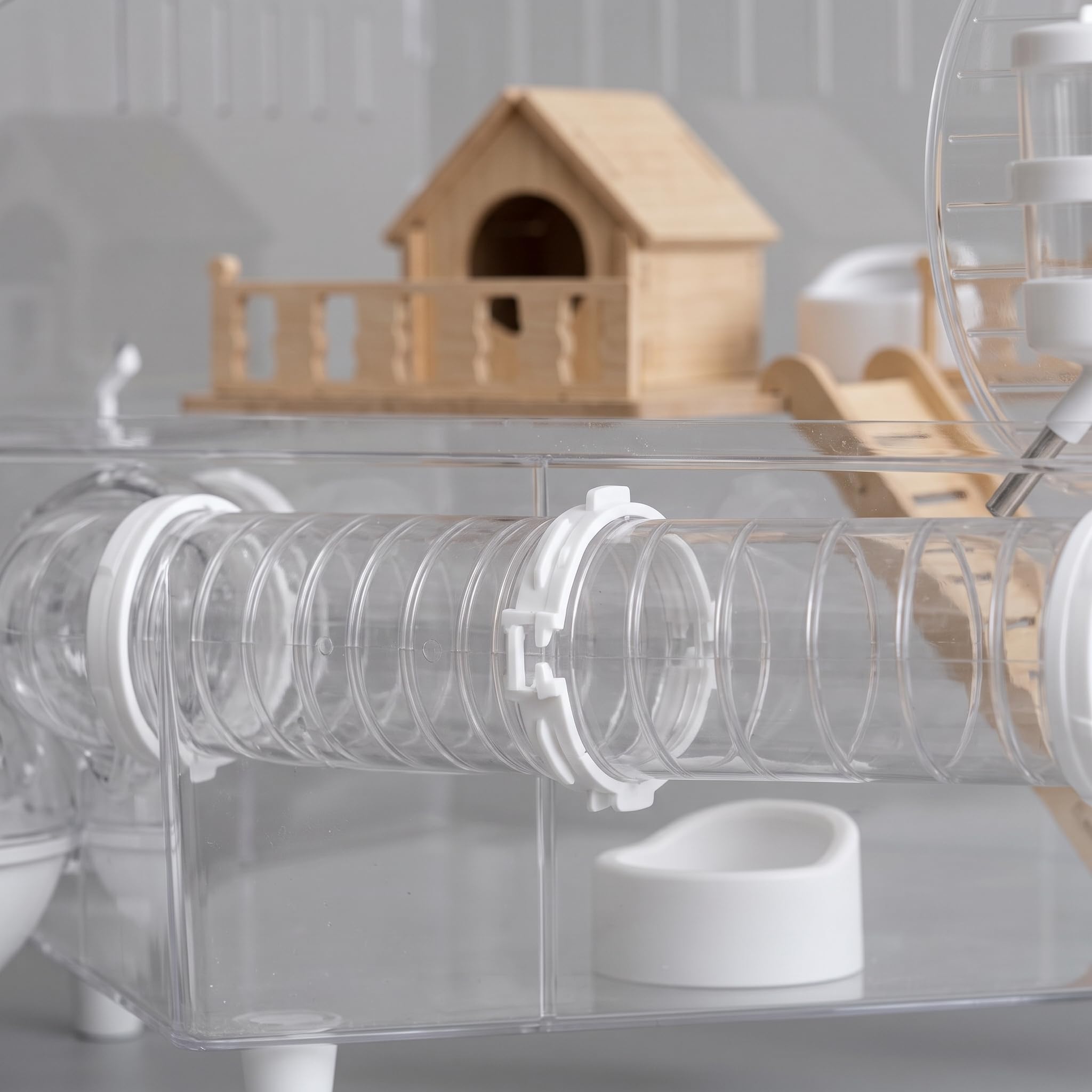 Jaula hámster Gran Transparente 2 Niveles, terrario hábitat con Tubos y casa para hámster, Jaula de Lujo de Villa elevada de 45 con túnel - Cabaña de Madera