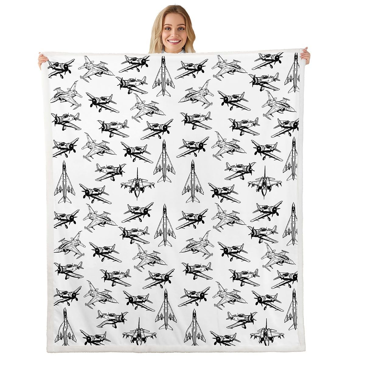 Feelyou Airplane Print Fleece Throw Blanket Throw 50"x60" Kids Aircraft Plush Blanket for Boys Girls Teens Home Decor Sherpa Blanket Aircraft Flying
