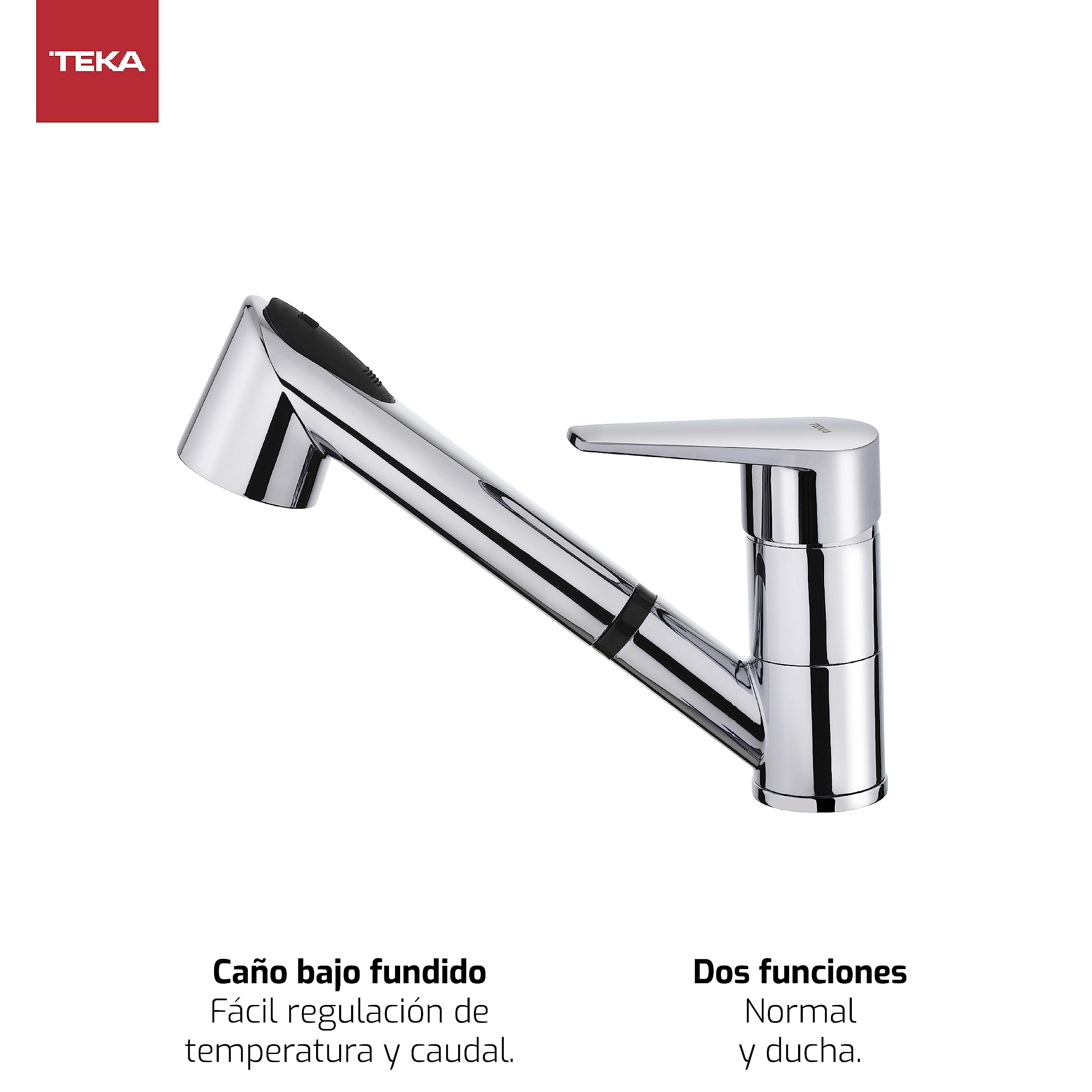 TEKA Grifo Cocina Monomando, Caño Bajo Giratorio, Maneral Extraíble 2 Funciones, Aireador Anticalcáreo, Latiguillos Flexibles de 3/8", MTP 978