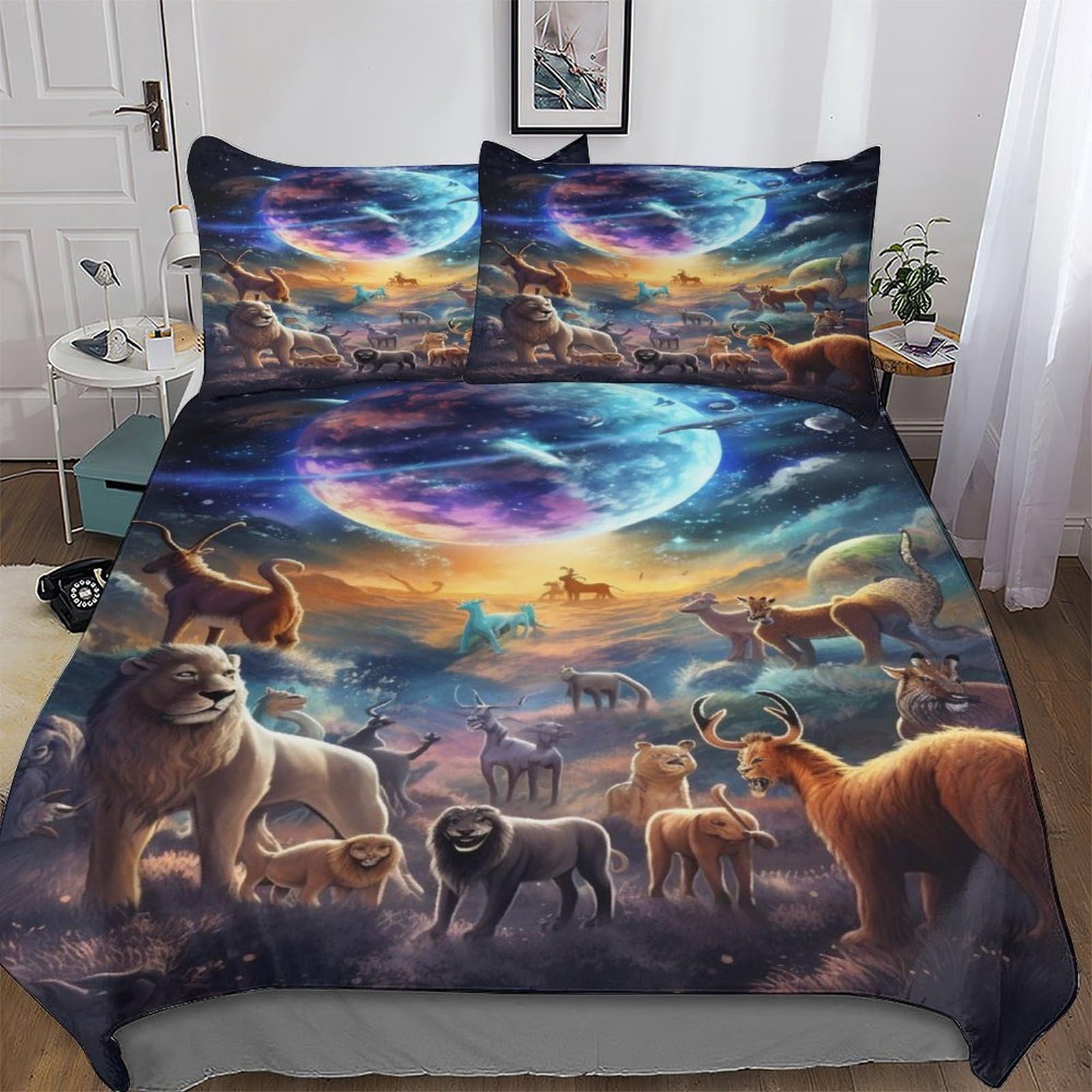 Housse de couette microfibre hypoallergique 200x200 parure lit double planète animal