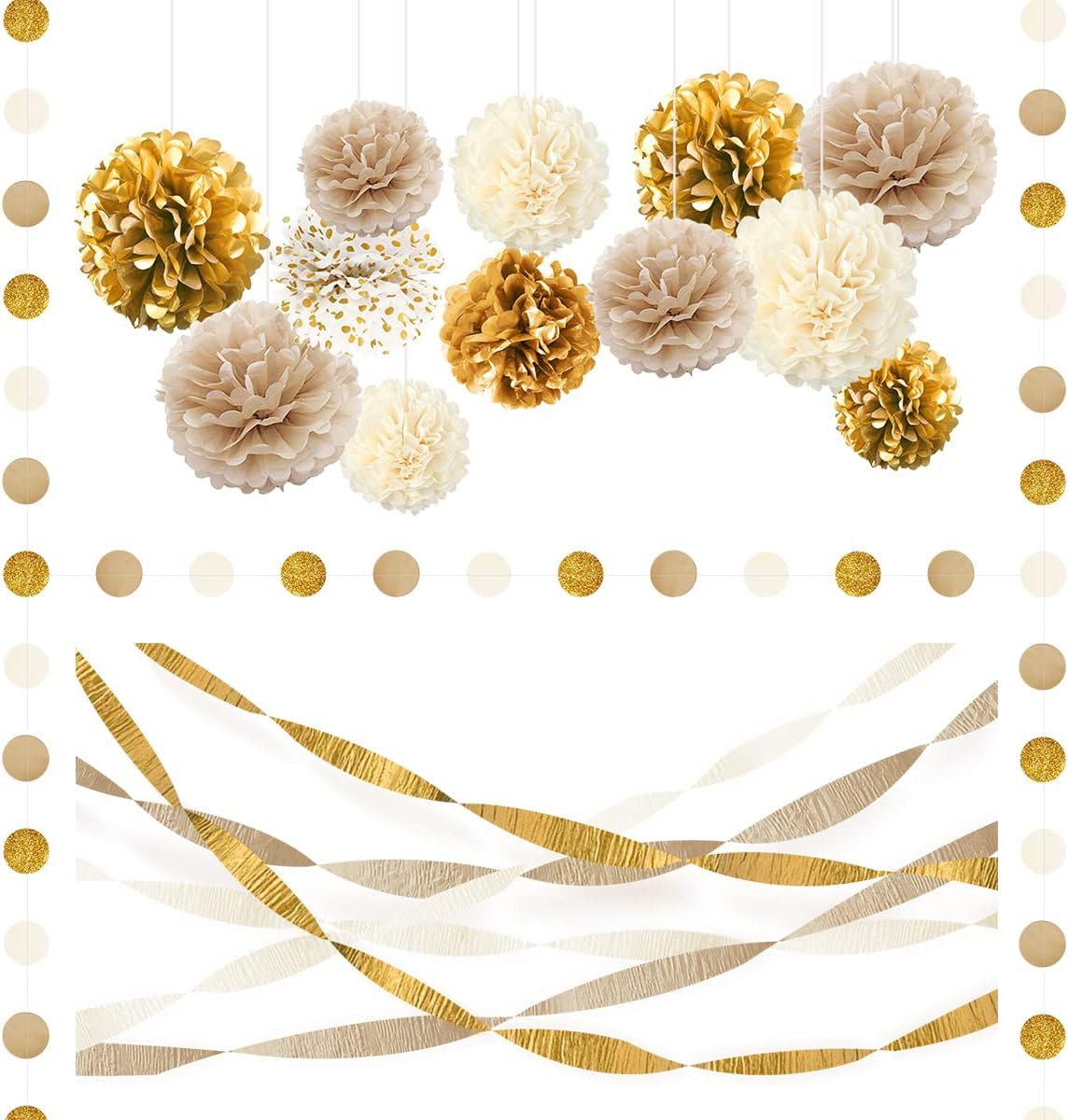 NICROHOME Gold White Party Decoration Tissue Paper Pom Poms Garland Crepe Paper Set