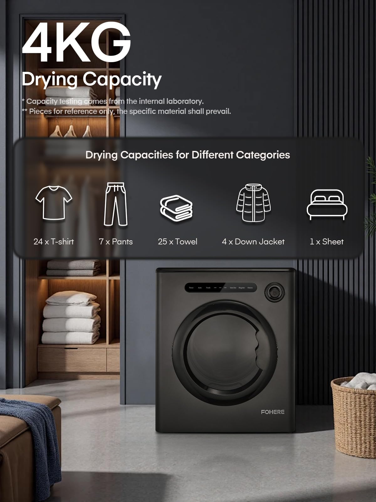 Sèche-Linge 4KG Compact à Evacuation 1200W 6 Programmes Séchage Intelligent Protection Anti-Froissage Ecran Tactile LED Noir