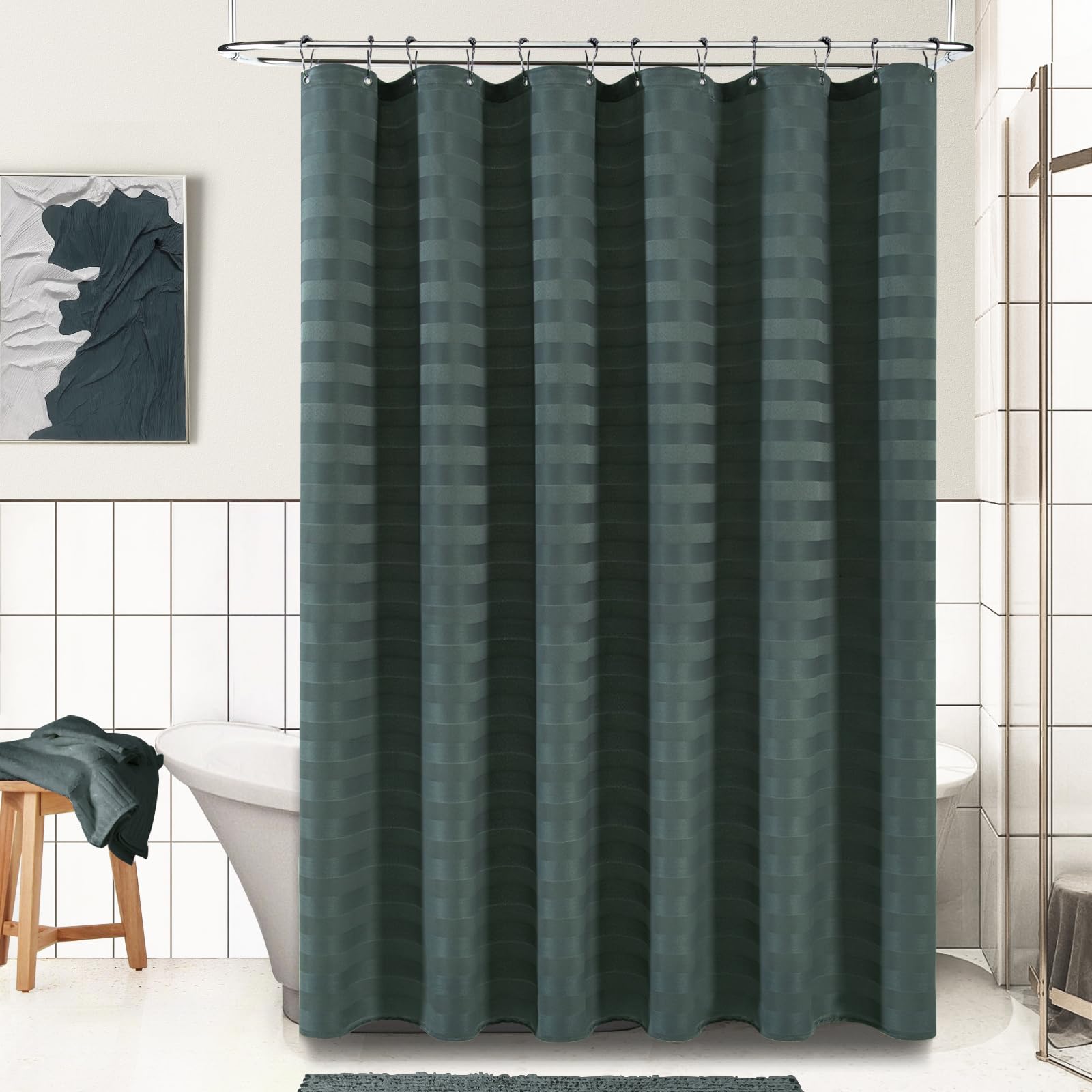 PANGSINNE Elegant Dark Grey Fabric Shower Curtain - Striped Heavy Duty Cloth Curtains for Bathroom, 230GSM Hotel Spa Luxury Weighted Polyester Bath