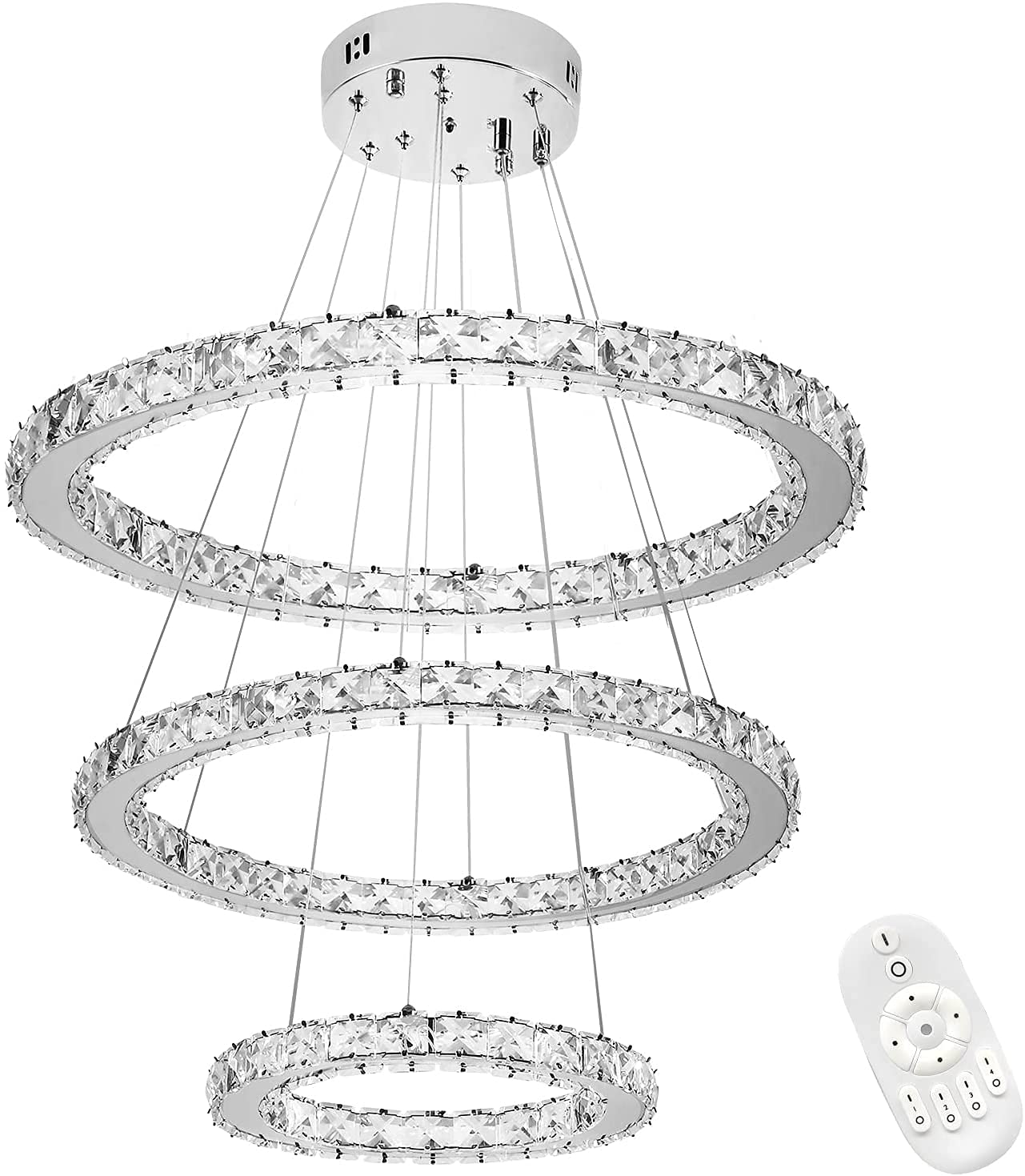 UISEBRT 96W Lampada a Sospensione Moderna Cristallo - Lampadario Creativo Regolabile in Altezza Lampada da Soffitto Tre anelli Cucina Salotto Camera da letto, Dimmerabile