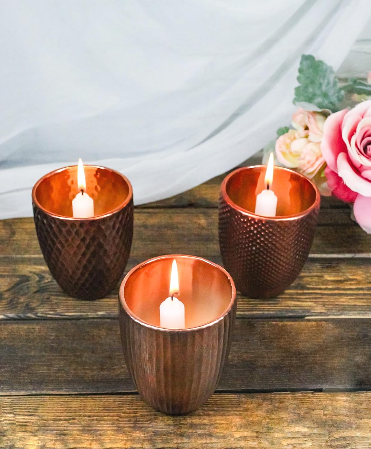 Ebros Gift Set of 3 Modern Chic Boutique Hammered Look Copper Plated Ceramic Candleholder Candle Votive Holder Cups Or Stationery Holders