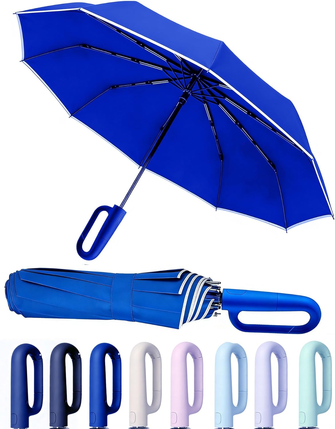 SIEPASA Travel Umbrella with Carabiner Handle - Windproof 10 Ribs Auto Open/Close for Rain & Sun Protection, Compact Portable Clip-on Backpack Design with Safety Reflective Strip.