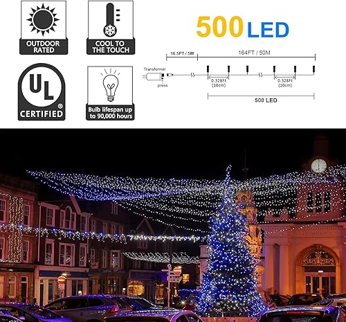 Miniatura 2 de kemooie Tira de 500 luces LED de Navidad, 164 pies, 8 modos de iluminación con enchufe de memoria, cable verde, luces impermeables, para cumpleaños,