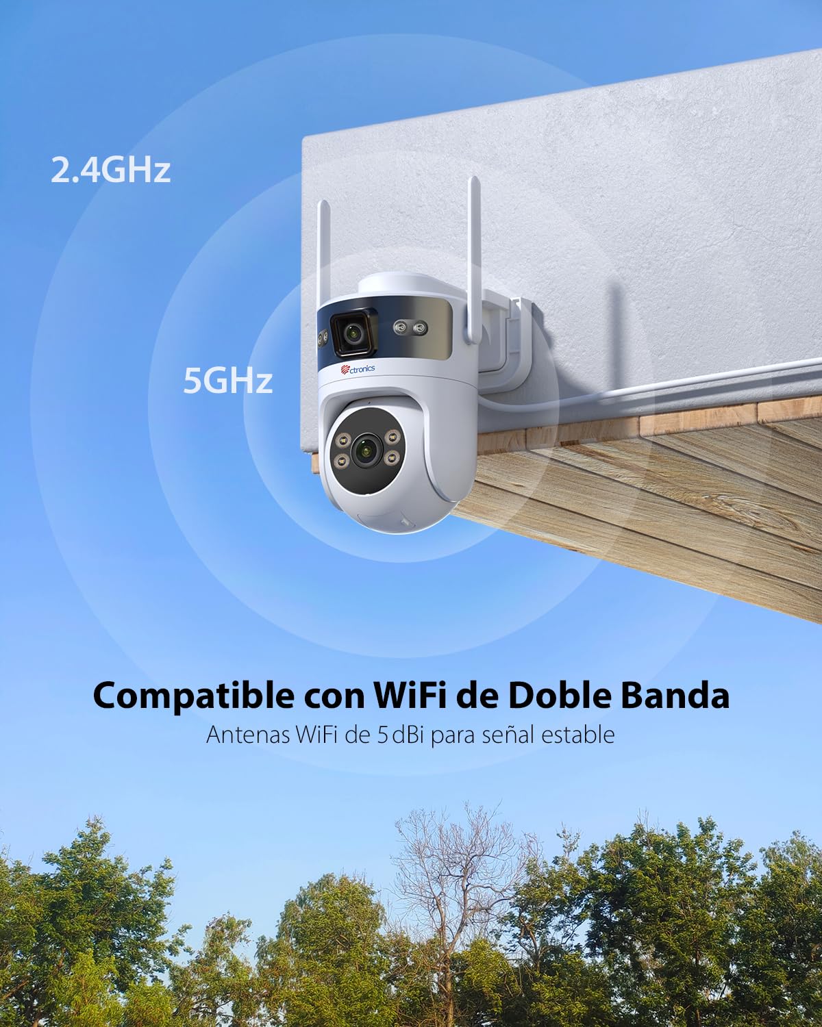 Ctronics Camara Vigilancia WiFi Exterior con Doble Lentes | 2.4/5GHz Cámara IP, PoE Camaras con Detección Humana & Seguimiento Automático, Visión Nocturna Color, PC/Cloud/TF, IP66