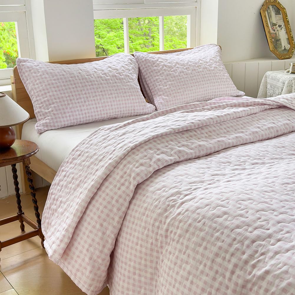 NSNLGSGC Pink Gingham Queen Quilt Set, Soft Pre-Washed Microfiber Pink Plaid Queen Bedspread, Lightweight Checked Summer Quilt, Grid Bedding Coverlets