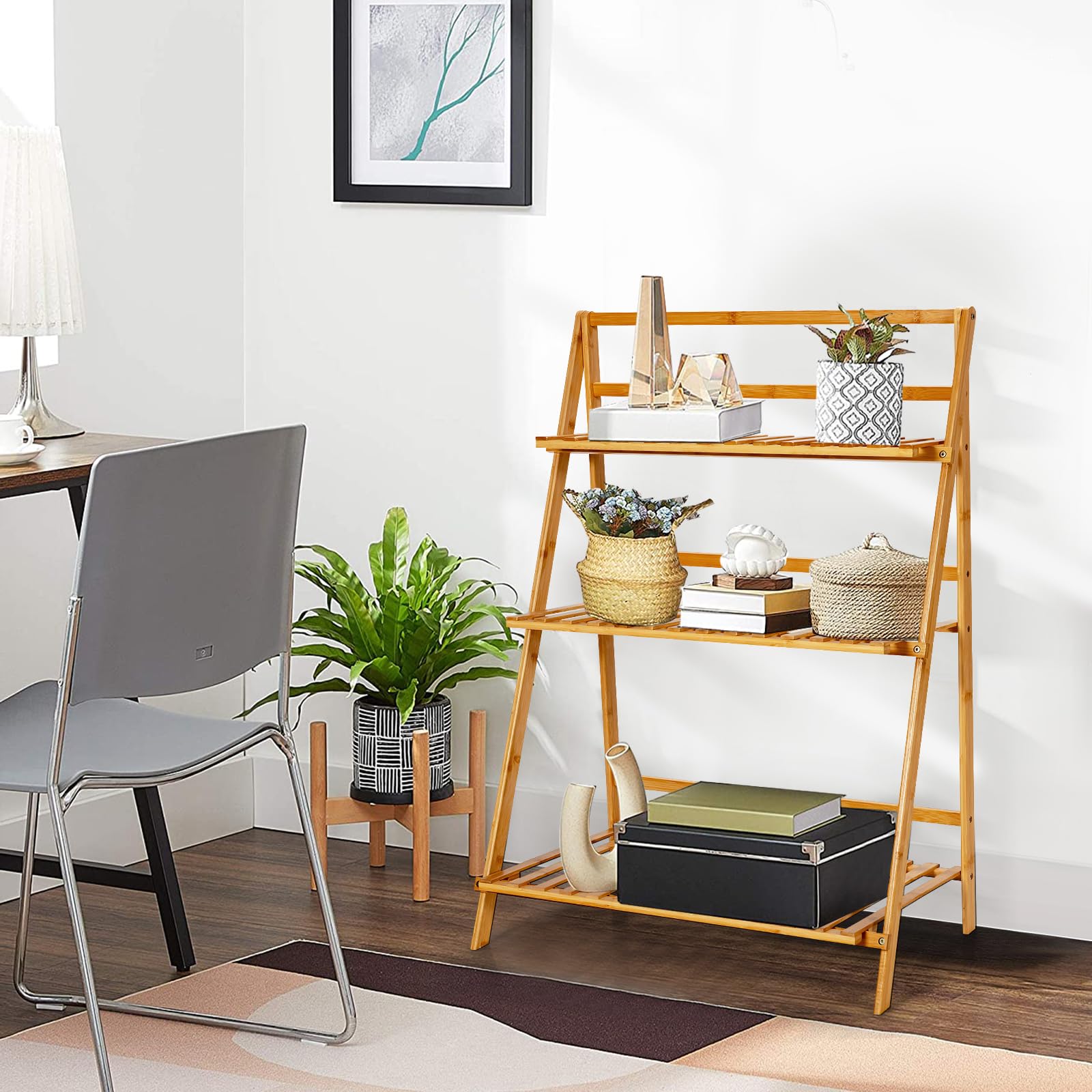 HOMASIS Pflanzregal mit 3 Ebenen, Faltbares Blumenregal, Bambus-Pflanzenständer Outdoor Indoor, Leiterregal für Garten Balkon Terrasse Patio, 70 x 38 x 95,5 cm, Natur