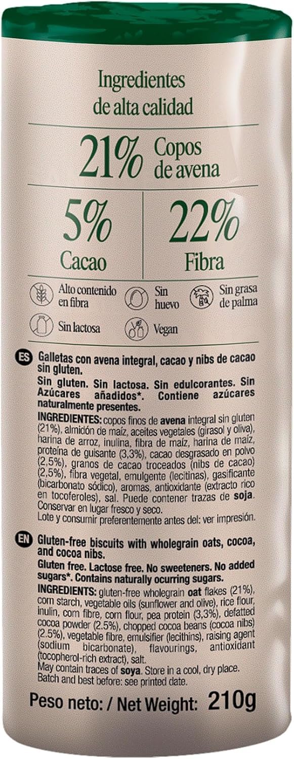 SANTIVERI - Galletas Nibs Cacao Triple Zero, Galletas Crujientes con Avena Integral y Cacao, Altas en Fibra, Sin Edulcorantes, Sin Azúcar Añadido Ni Gluten, Vegano - 210 g — view 3