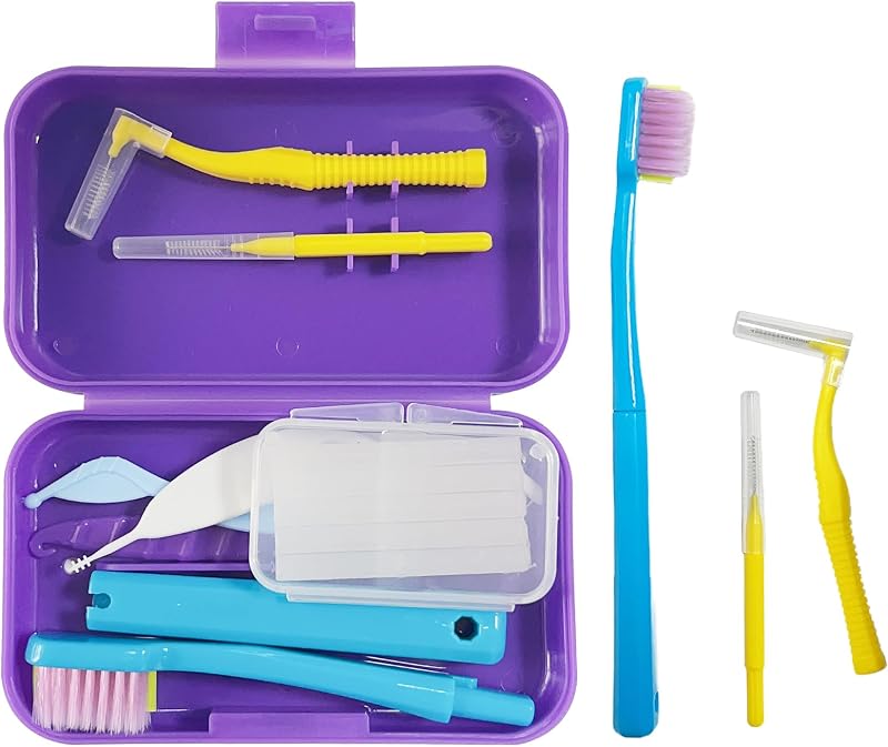 Kit de cuidado bucal de ortodoncia 6 en 1 con estuche: cepillo de dientes desmontable, cepillo interdental, palillo de hilo dental, cepillo para palillos de dientes, cera dental con cortador, juego de ganchos elásticos para aparatos ortopédicos para uso diario en viajes (púrpura)