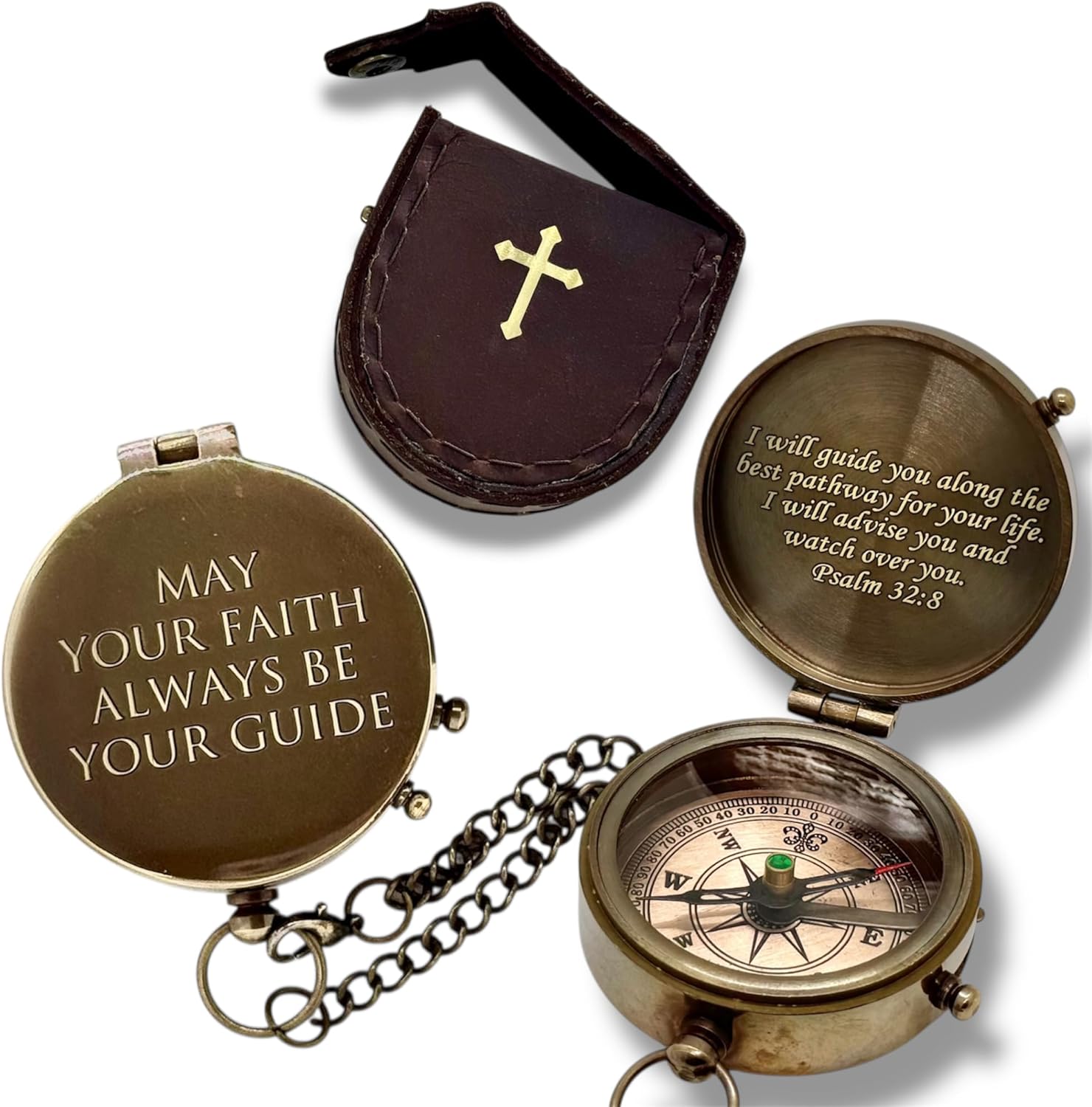 Engraved Brass Compass with Sundial Clock May Your Faith Always Be Your Guide Psalm 32:8 Christian Keepsake Gift Direction Guide Compass with Carry Case for Special Religious Occasions - Image 9