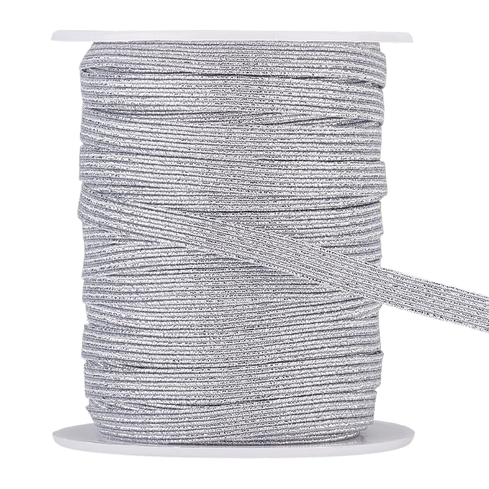 BENECREAT 36 Yards/32.92 M Silver Elastic Bands, 6mm Wide Glitter Braided Ribbon, Flat Elastic Strap for Sewing Crafting Skirt Waistband Dress Making Clothing