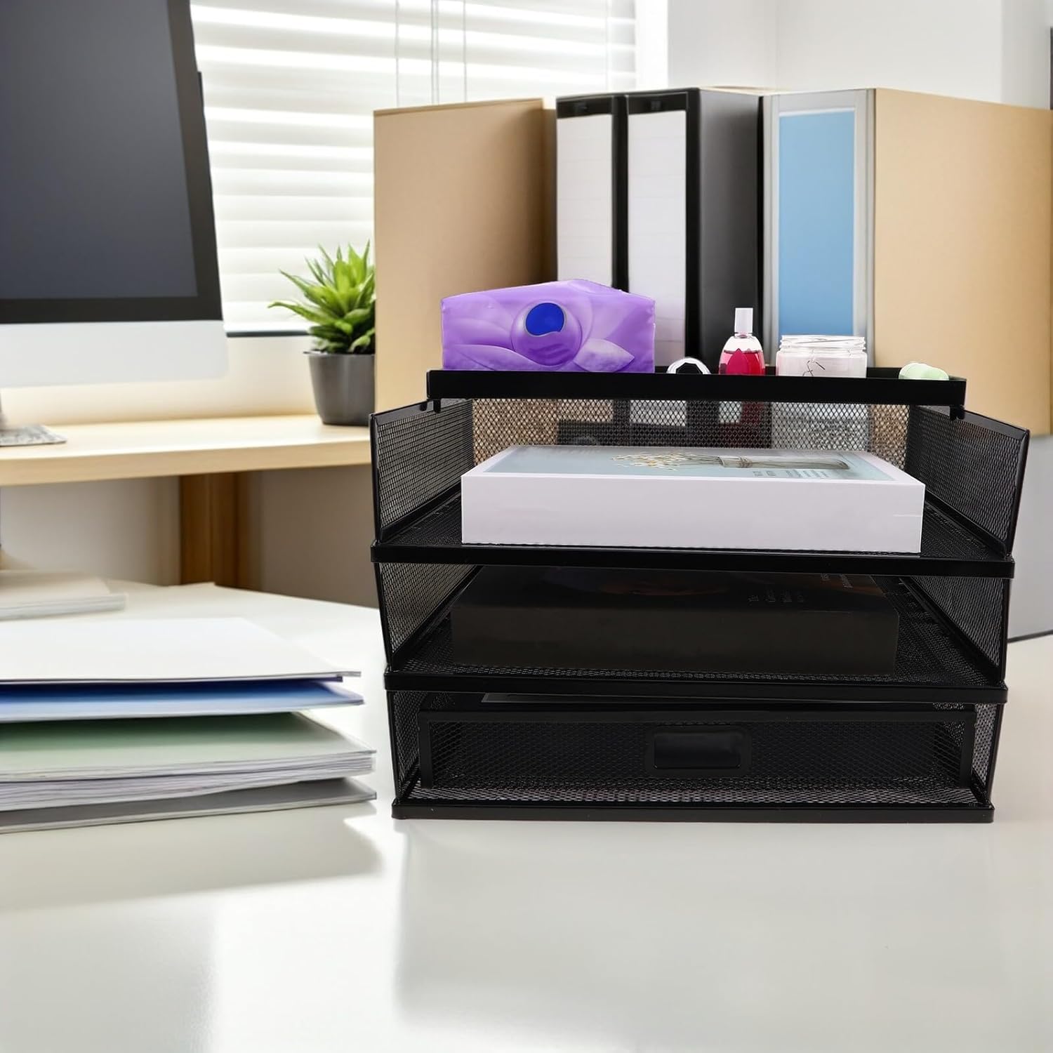 金属製デスクトップファイルオーガナイザー 多層引き出し付き書類収納ラック ホームオフィス用書類整理と文房具収納