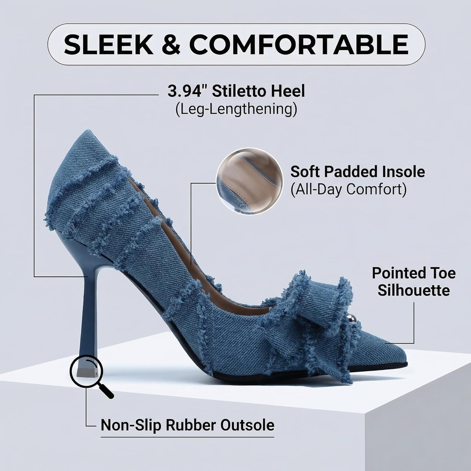 Women's Denim Fringe Pumps, Pointed Toe Stiletto Heels with Bow Accent for Casual & Dressy Occasions Suitable for Evening Parties