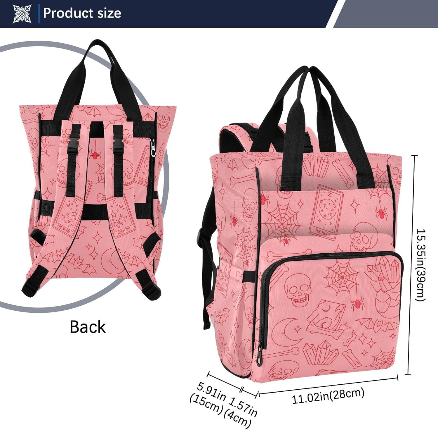 Gothic Skulls Spiders Pink Pattern Diaper Bag Backpack for Baby Boys Girls Multifunction Baby Essentials Travel Tote with Stroller Straps & Bottle Storage Large Travel Diaper Backpack for Baby