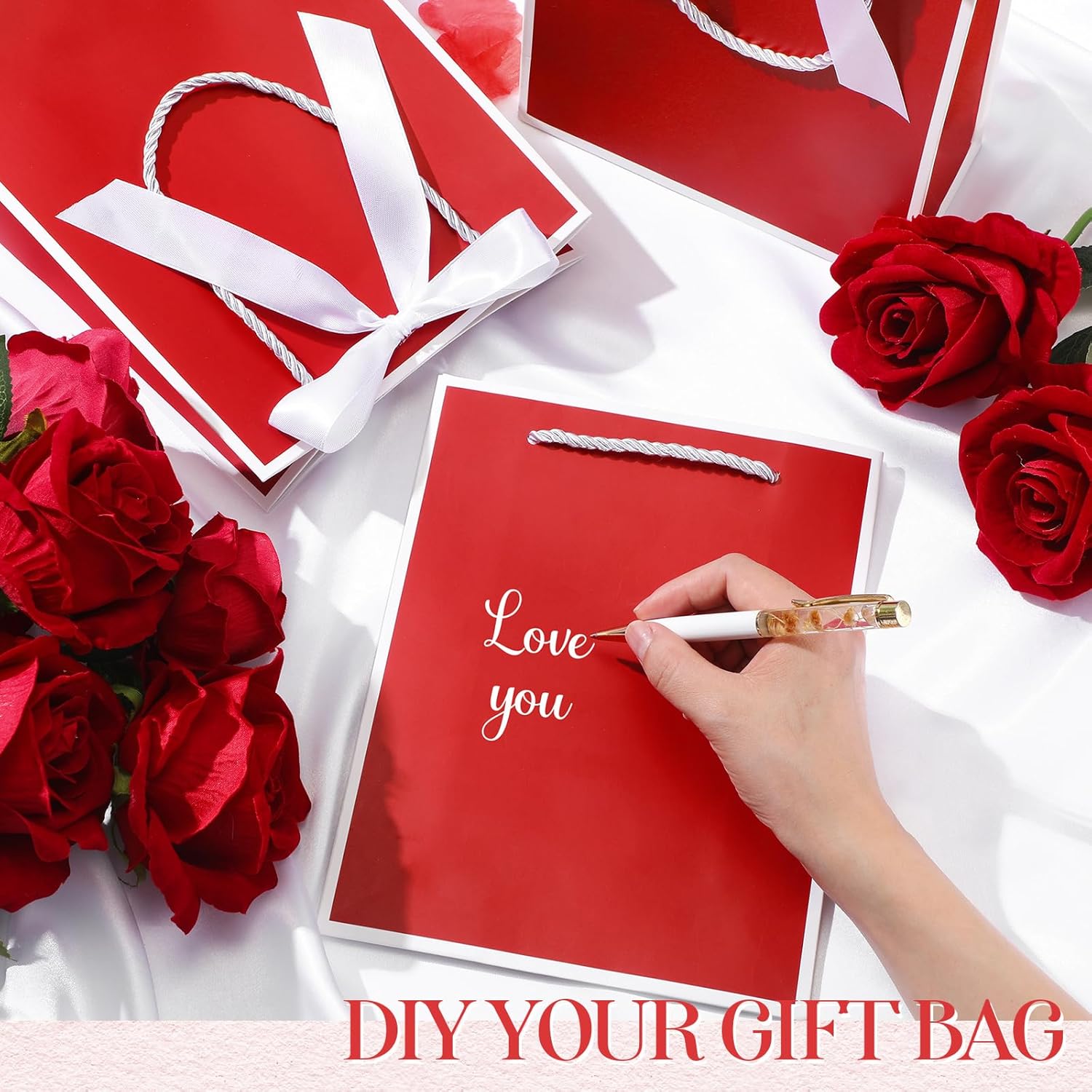 Silkfly Paper Gift Bags with Handle 9x7x3.15'' Thank You Gift Bags with Bow Ribbon for Graduation Appreciation Holiday Wedding Bridal Baby Shower Birthday Party Supplies(Red and White,12 Pcs) - Image 3