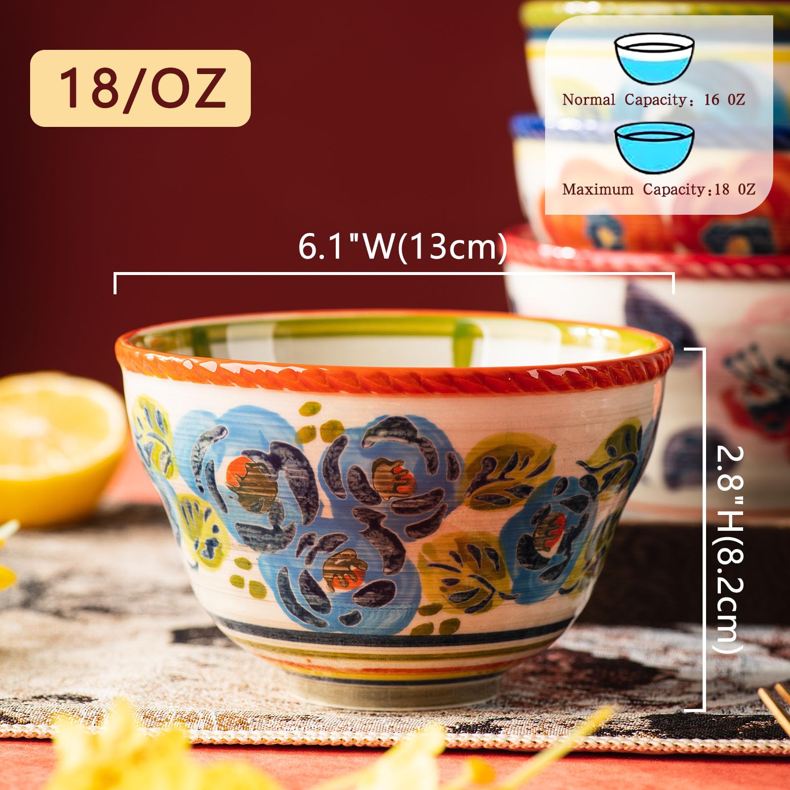 Porzellan, Dessertschalen, Müslischalen, 12,7 cm, 4 Stück, verschiedene Farben, ideal als Müsli-, Suppen-, Snack-, Reis- und Salatschüsseln, mikrowellen-, ofen- und spülmaschinenfest, 530 ml,