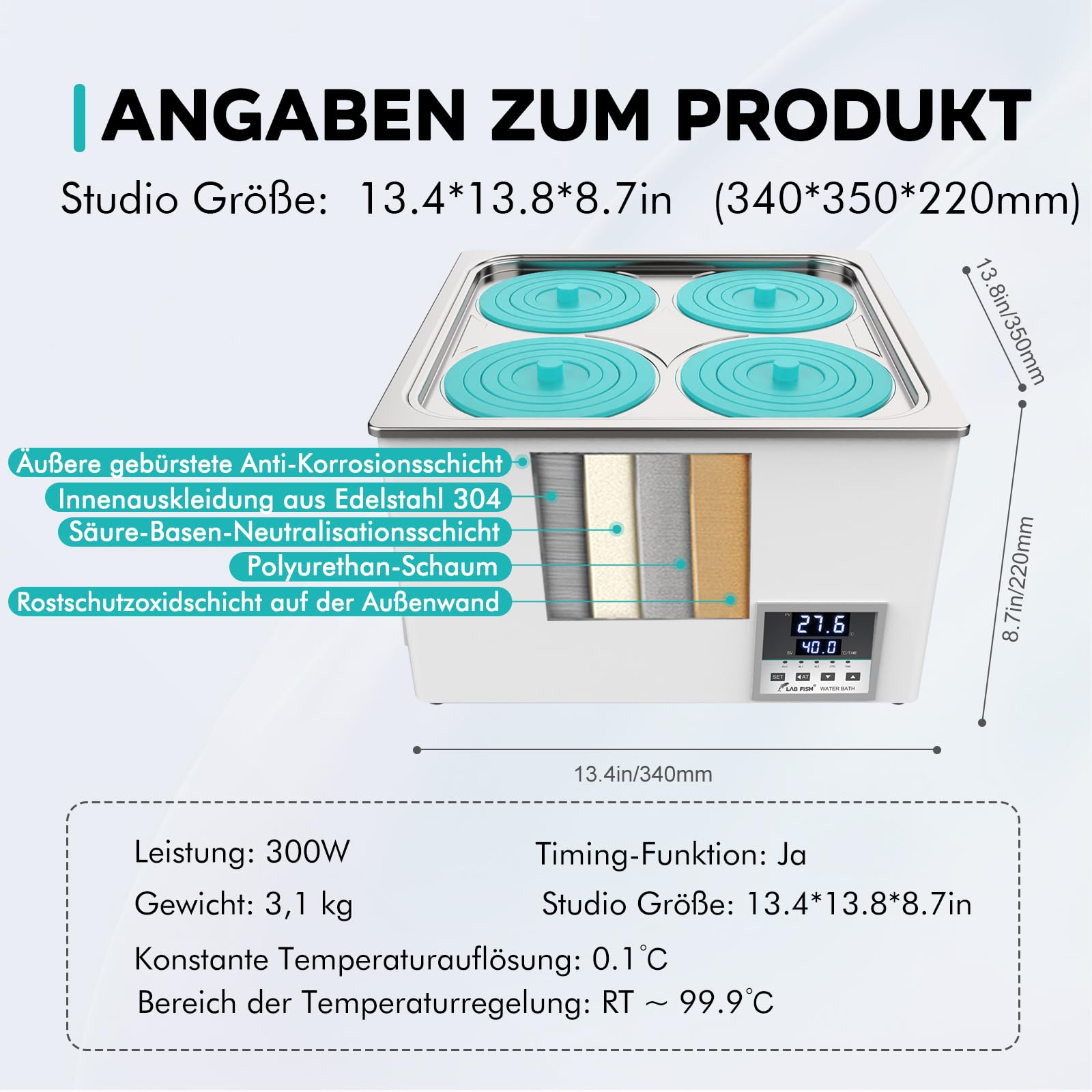 LABFISH Lab Digital Water Bath 6L Capacity Thermostatic Heater Labor Heizgeräte Edelstahl Liner mit wählbaren Öffnungen für Experiment 4 Öffnungen