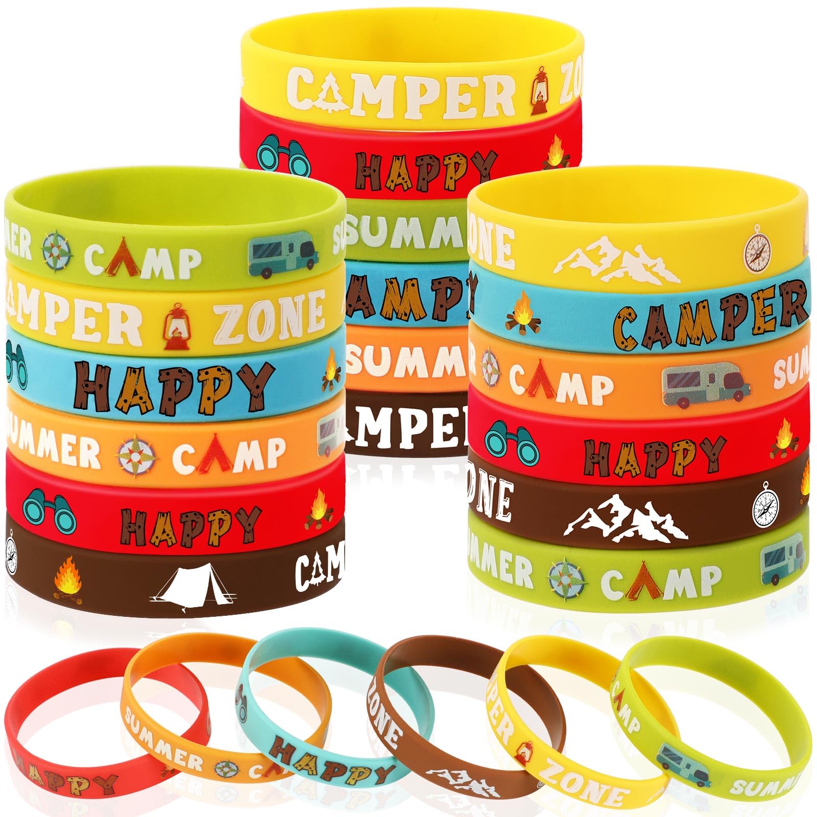JUNEBRUSHS 42pcs Camping Party Favors Silicone Bracelets Summer Camping Theme Rubber Wristbands Accessories for Kids Adults Camping Adventure Birthday Party Decorations Gift Supplies, 125-6598