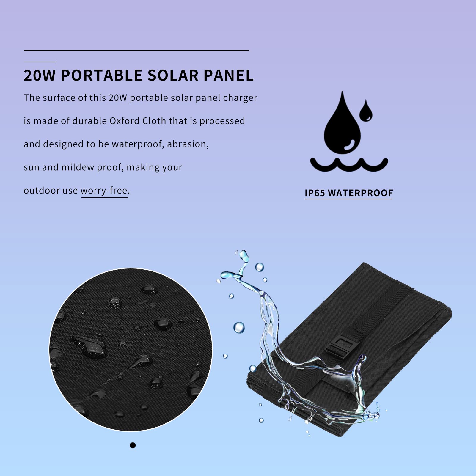 Gugxiom Pannello Solare Portatile da 20 W, Caricatore per Pannello Solare USB Pieghevole, Impermeabile IP65, Uscita USB5V, Pannelli Solari Aperti 480x185mm per Telefono, Laptop, Tablet, ECC.(Nero)