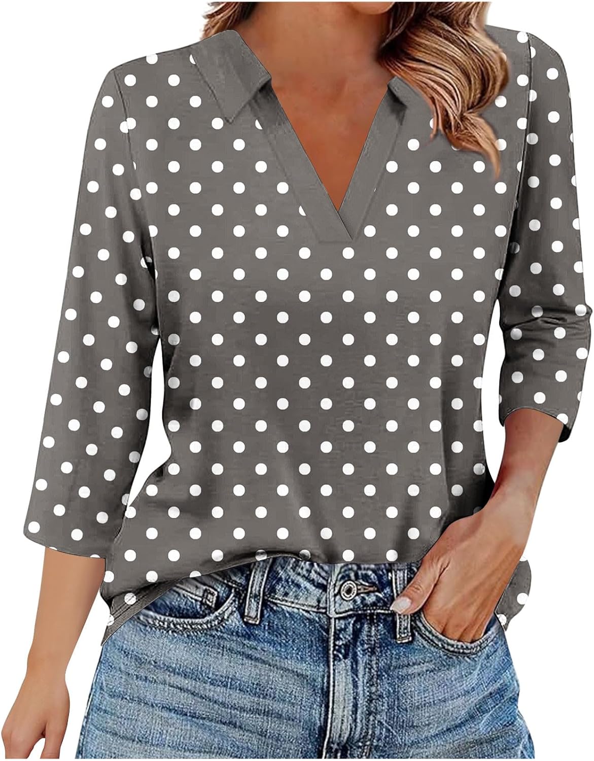 Womens 3/4 Length Sleeve Tops Polka Dots Elegant Shirt Cute Casual Collared V Neck Tunics Work Business Blouse