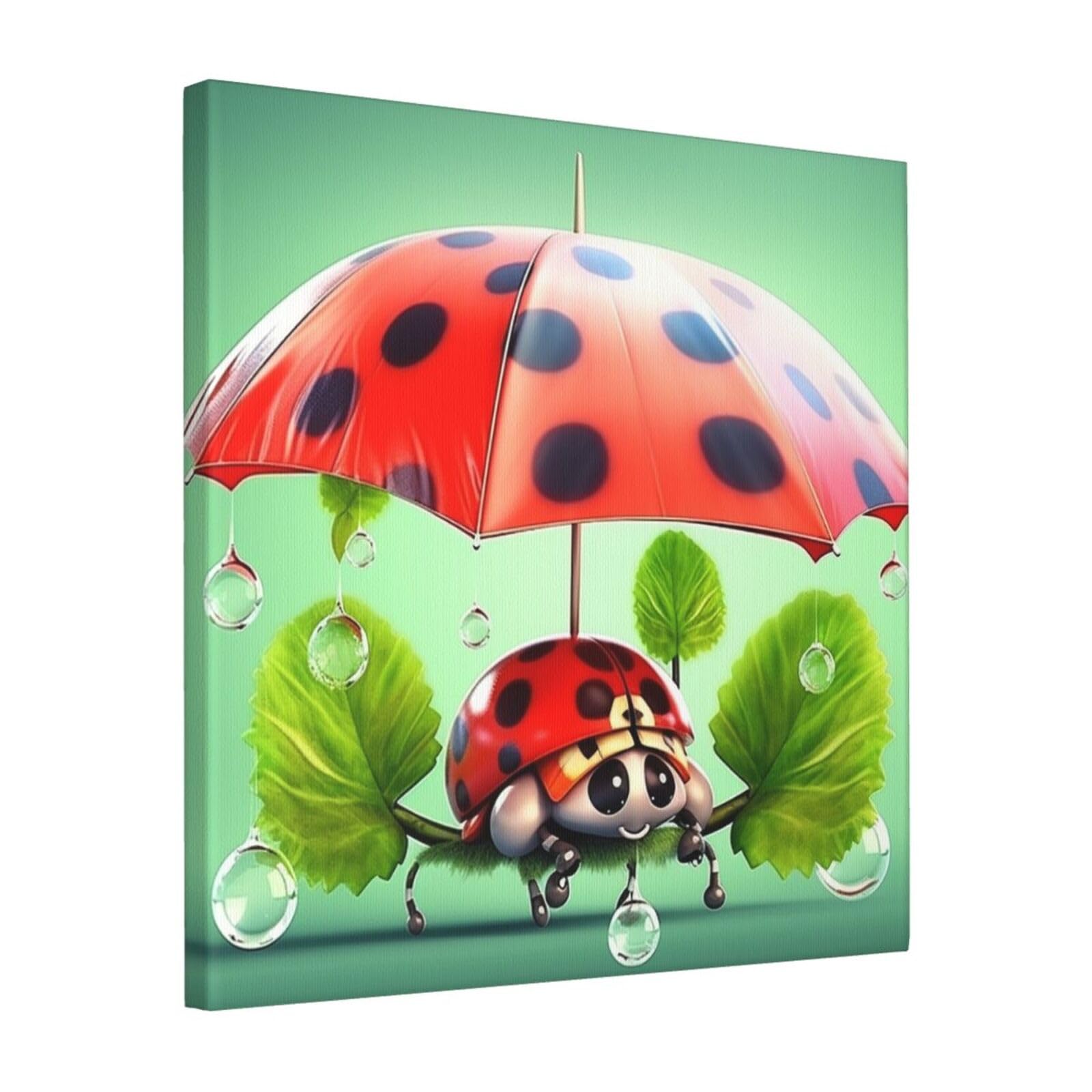 Funny Ladybug Holding Umbrellas Canvas Wall Art for Living Room Wall Decor 16"x16" Modern Artwork Painting Pictures Hanging Canvas Prints Aesthetic Wall Art for Bedroom Bathroom Office Wallart Decor