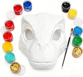 White Hard Plastic Dinosaur Mask with Paint,Dino Raptor Mask Moving Jaw and Sounds,Moving Mouth Animal Head Masks for Halloween Christmas Party Carnival,Fursuit Therian DIY White Blank Masks