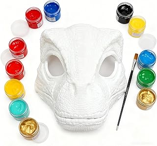 White Hard Plastic Dinosaur Mask with Paint,Dino Raptor Mask Moving Jaw and Sounds,Moving Mouth Animal Head Masks for Halloween Christmas Party Carnival,Fursuit Therian DIY White Blank Masks