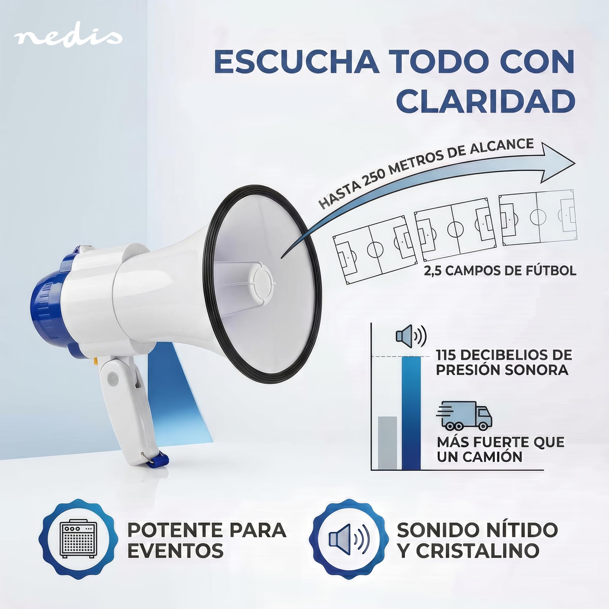 Nedis megáfono 250 m 150 dB blanco azulado con correa y micrófono incorporado sirena grabación