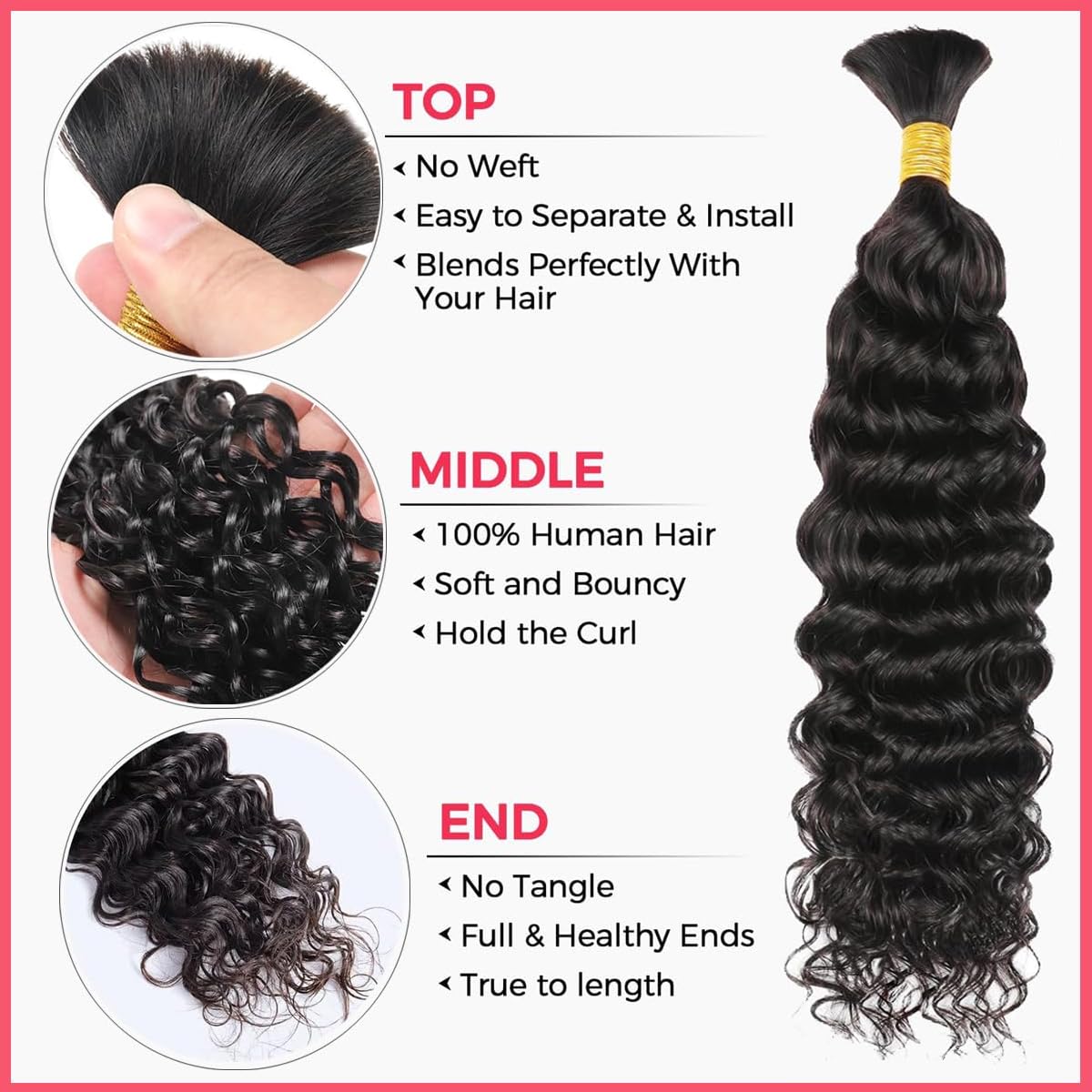 Human Braiding Hair 100g 24 Inch Water Wave Human Hair for Boho Braids Brazilian Virgin Curly Human Hair for Extensions Knotless Braids No Weft Boho Knotless Braids Bulk(Natural color) - Image 3