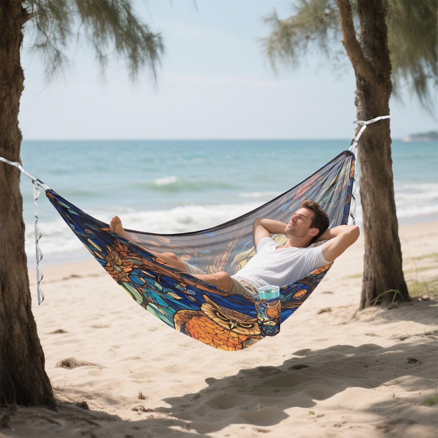 ALAZA Owl Mosaic Camping Hammocks Single or 2 Person 500 lbs Portable Parachute Travel Hammock w/Tree Straps for Hiking Backpacking Indoor Outdoor