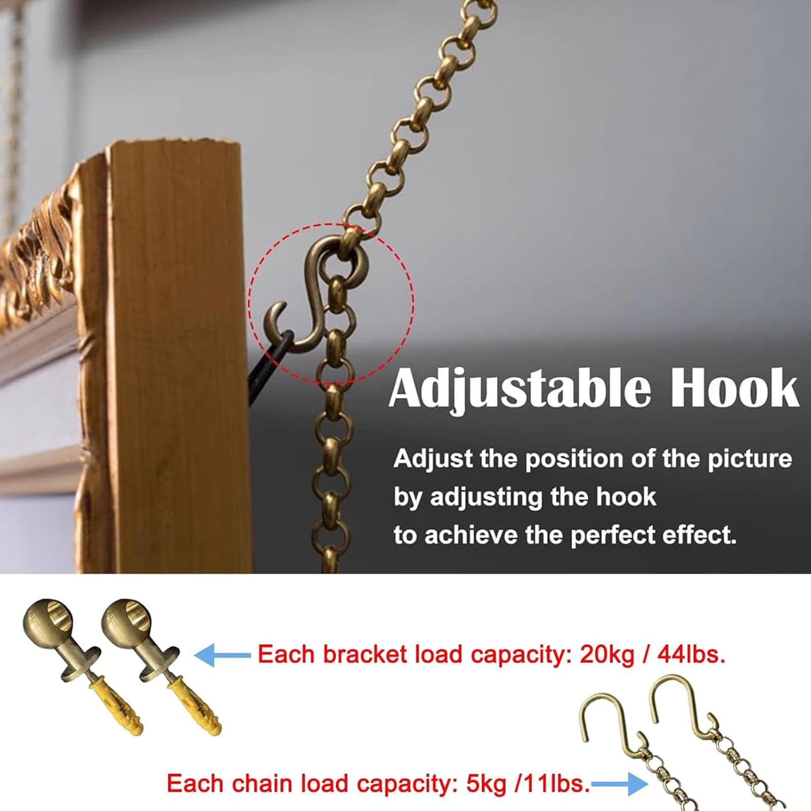 Kit de Sistema de riel para Colgar Cuadros de Alta Resistencia - Colgador de Pared de 1,10 m (43,3 Pulgadas) con Cadenas para Pinturas al óleo, pósteres y Espejos - Ideal para Uso doméstico,