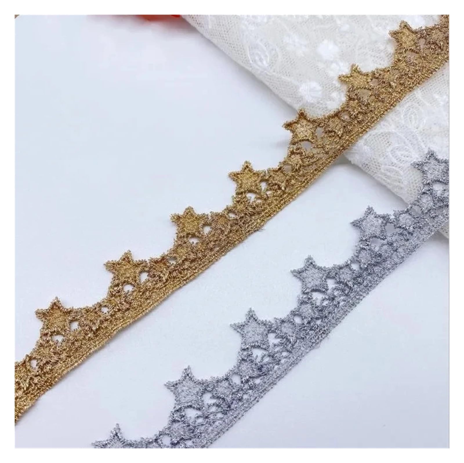 Puntilla De Encaje Con Strass En Forma De Flor Adorno de encaje bordado con cuentas estrella dorada y plateada 5 yardas